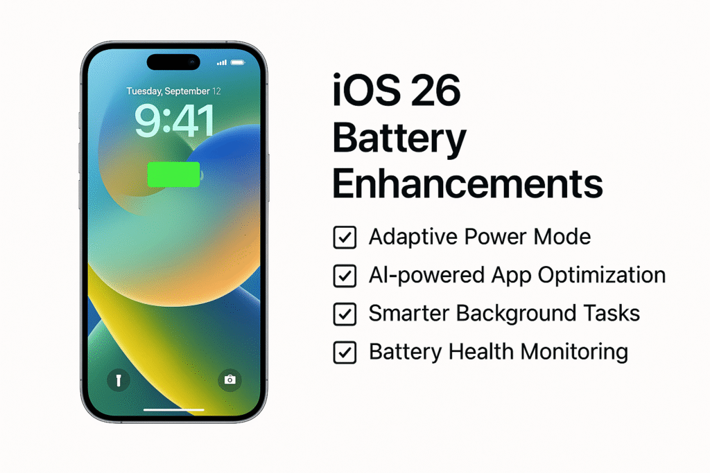 iOS 26 battery enhancements with Adaptive Power Mode and AI-powered optimization features