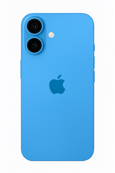 Back view of iPhone 17 in blue, featuring two rear cameras and Apple logo