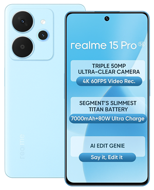 Realme 15 Pro 5G Review – Front and back view showcasing triple 50MP camera, 7000mAh battery, and AI Edit Genie feature.