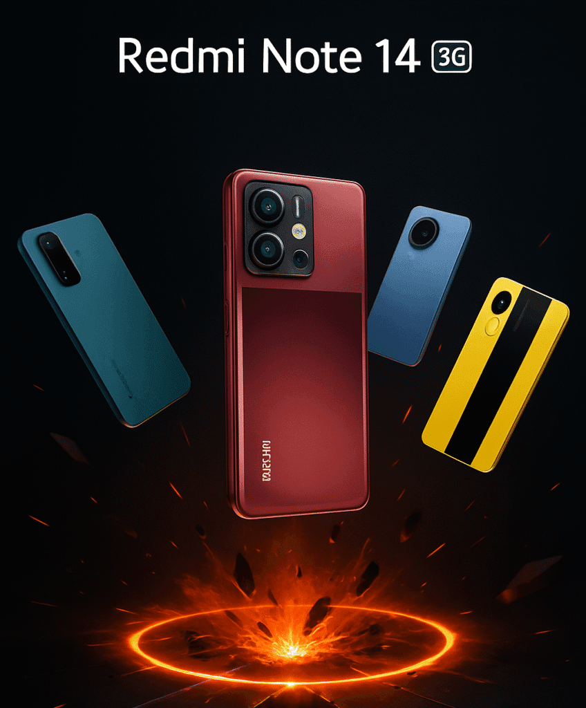 Redmi Note 14 3G in red, yellow, blue, and green color options with dual cameras and sleek back panel design