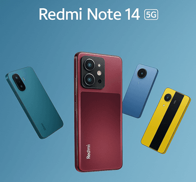 Redmi Note 14 5G in red, yellow, blue, and green color variants with dual-camera design and 5G branding