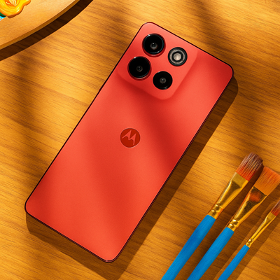 Moto GT 86 Power 5G red smartphone with triple camera on wooden table with paintbrushes
