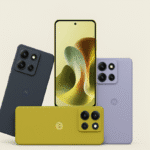 Moto GT 86 Power 5G smartphone in black, yellow, and purple colors with triple camera setup