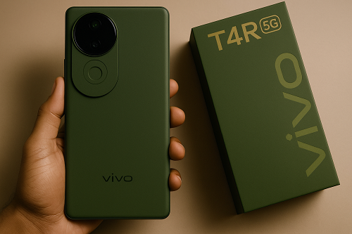 Vivo T4R 5G smartphone in matte green finish with retail box