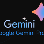 Gemini Pro logo with glowing gradient stars on black background, representing Google’s advanced AI features.