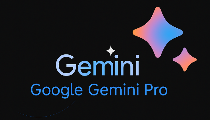 Gemini Pro logo with glowing gradient stars on black background, representing Google’s advanced AI features.