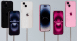 Four iPhone 17 phones standing on metal rods, shown in black, white, dark pink, and light pink, with a clean background.