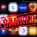 An image depicting a television screen with blurred app icons in the background and a "BANNED" stamp in dark red across the foreground, symbolizing the ban of OTT apps in India.