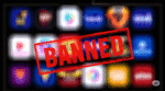An image depicting a television screen with blurred app icons in the background and a "BANNED" stamp in dark red across the foreground, symbolizing the ban of OTT apps in India.