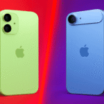 iPhone 17 vs iPhone 17 Air – Rear and side view comparison with branding in background