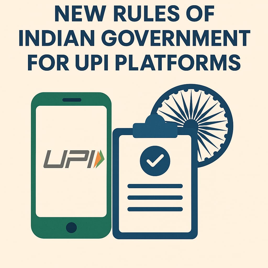 Illustration showing new UPI rules from Indian Government with mobile phone, checklist, and Ashoka Chakra.