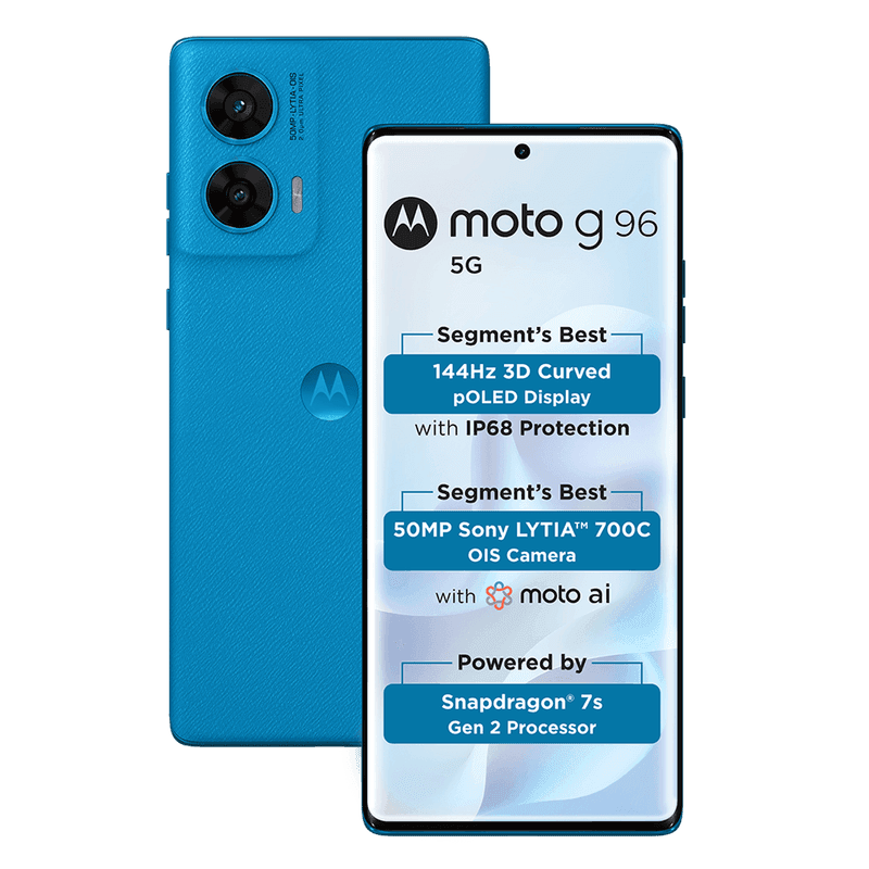 Moto G96 5G smartphone in blue with 144 Hz curved pOLED display and 50 MP Sony LYTIA 700 C OIS camera, as shown on the official Motorola website.