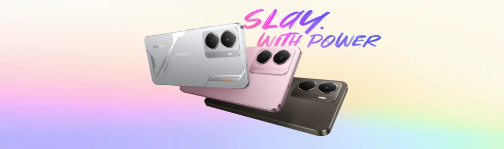 Three Realme smartphones in silver, pink, and black variants with the tagline "Slay with Power" on a gradient background.