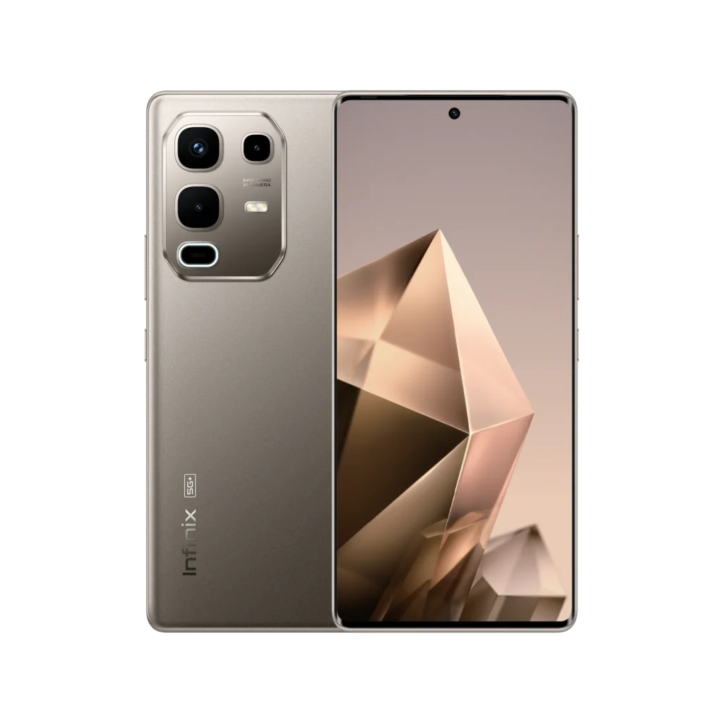 Infinix smartphone showcasing front display and rear camera module with a premium metallic finish.