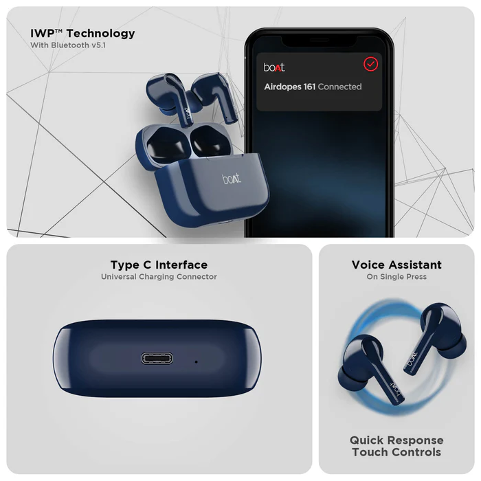 boAt Airdopes 163 – True Wireless Earbuds with IWP Technology, Type-C Charging, and Voice Assistant support.