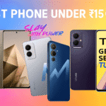 Best Phone Under 15000 5G – Infinix, Realme, Samsung, and Vivo models showcased with colorful gradient background.