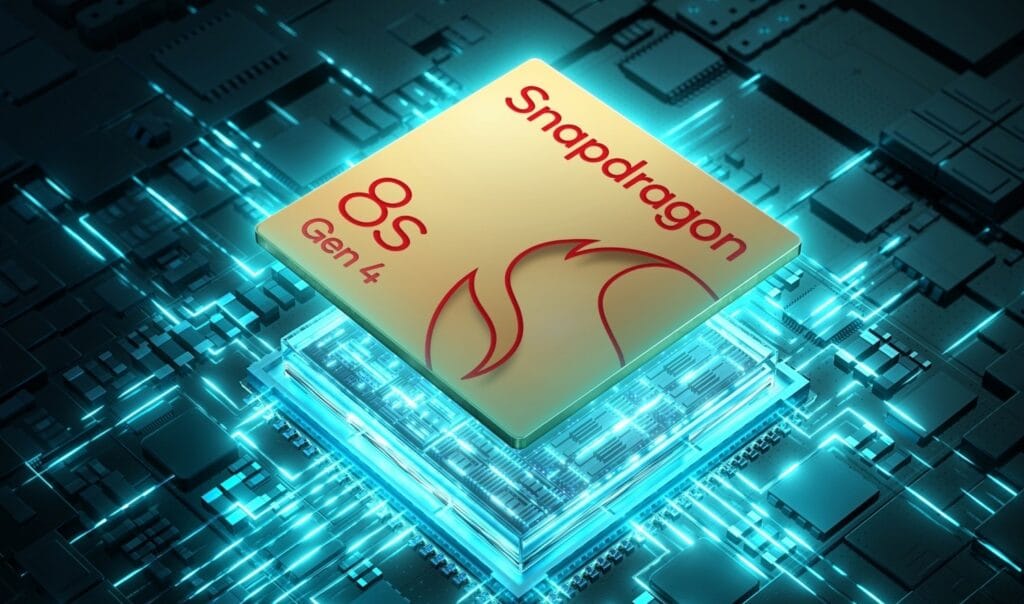 Qualcomm Snapdragon 8s Gen 4 mobile processor chip on a glowing circuit board