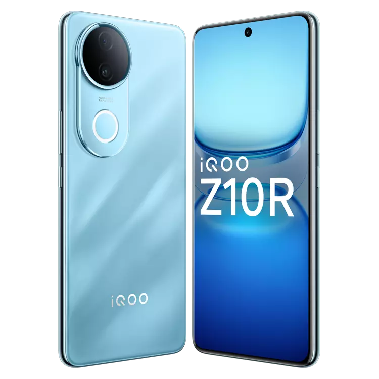 iQOO Z10R 5G smartphone in aquamarine (blue‑green) showing dual rear camera module with ring flash and punch‑hole display, as featured on the official iQOO India product page.