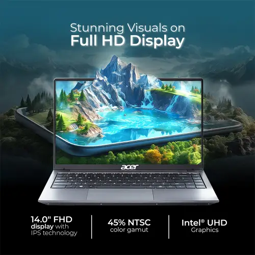 Acer 14-inch Full HD laptop with IPS display, 45% NTSC color gamut, and Intel UHD Graphics