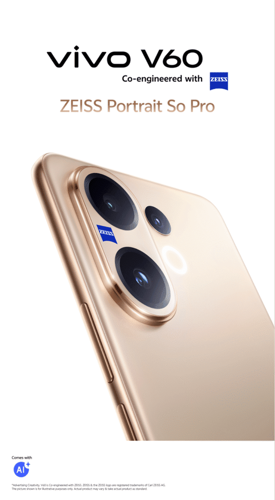 Vivo V60 5G gold edition with ZEISS Portrait So Pro triple camera setup