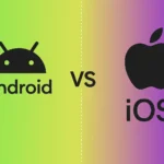 AI-generated flat design showing iOS vs Android in 2025 with logos on a gradient background, representing their ongoing competition.