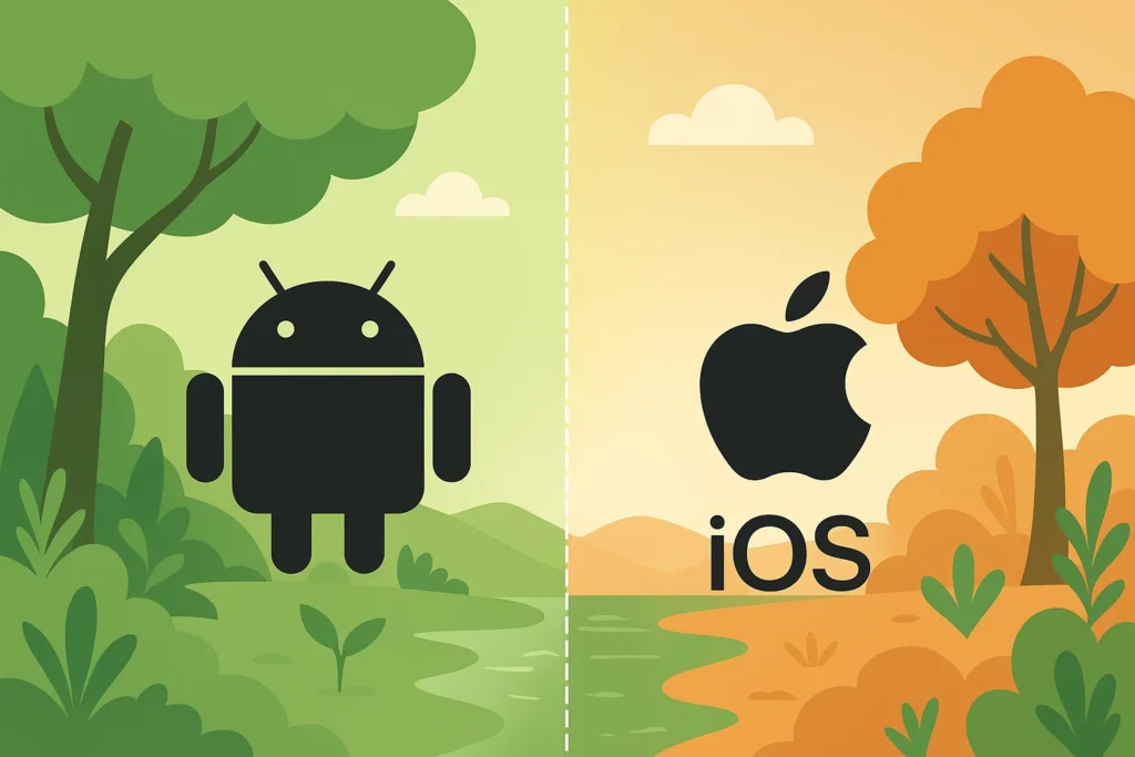 Flat digital illustration comparing Android and iOS ecosystems — Android in a green forest and iOS in an orange autumn landscape.