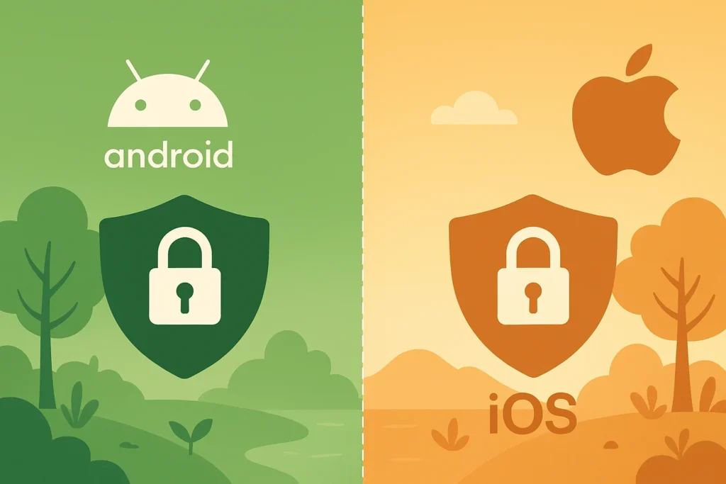 iOS vs Android privacy and security illustration with padlock shields, showing Android in green and iOS in orange.