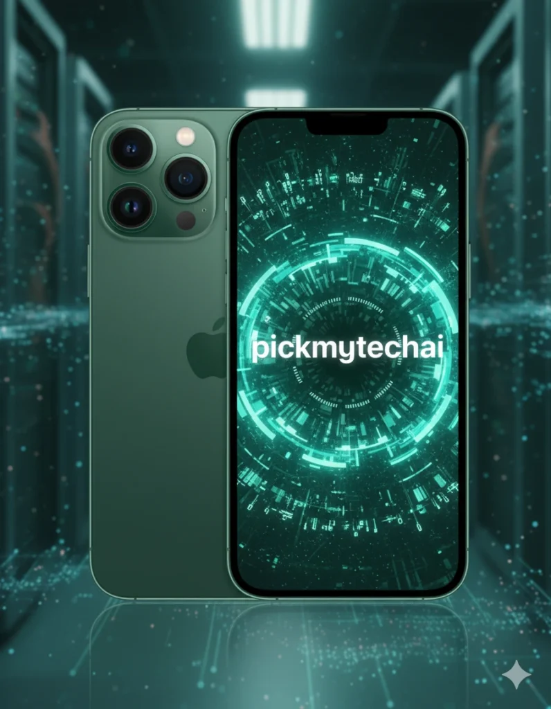 Green iPhone 13 Pro Max (front and back) with 'pickmytechai' logo on a tech-themed screen.