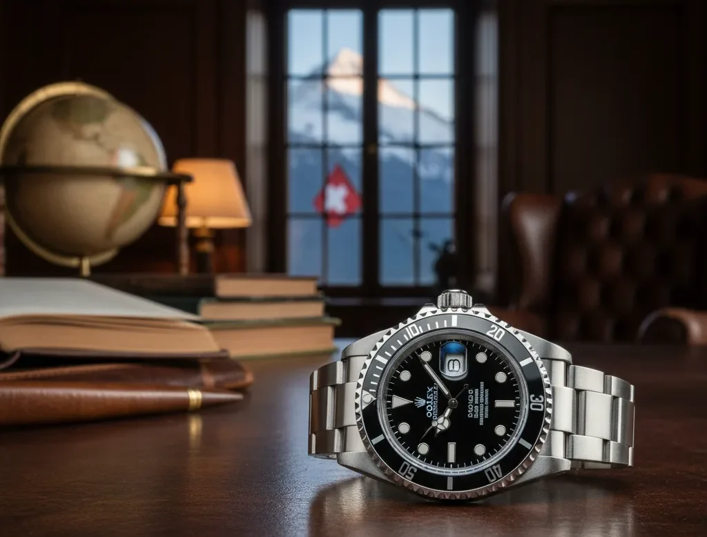 A close-up of a silver Rolex Submariner watch with a black face and bezel, resting on a polished wooden desk. In the background, a large window reveals a snow-capped mountain and a red Swiss flag, while a vintage globe, books, and a lamp are also visible.
