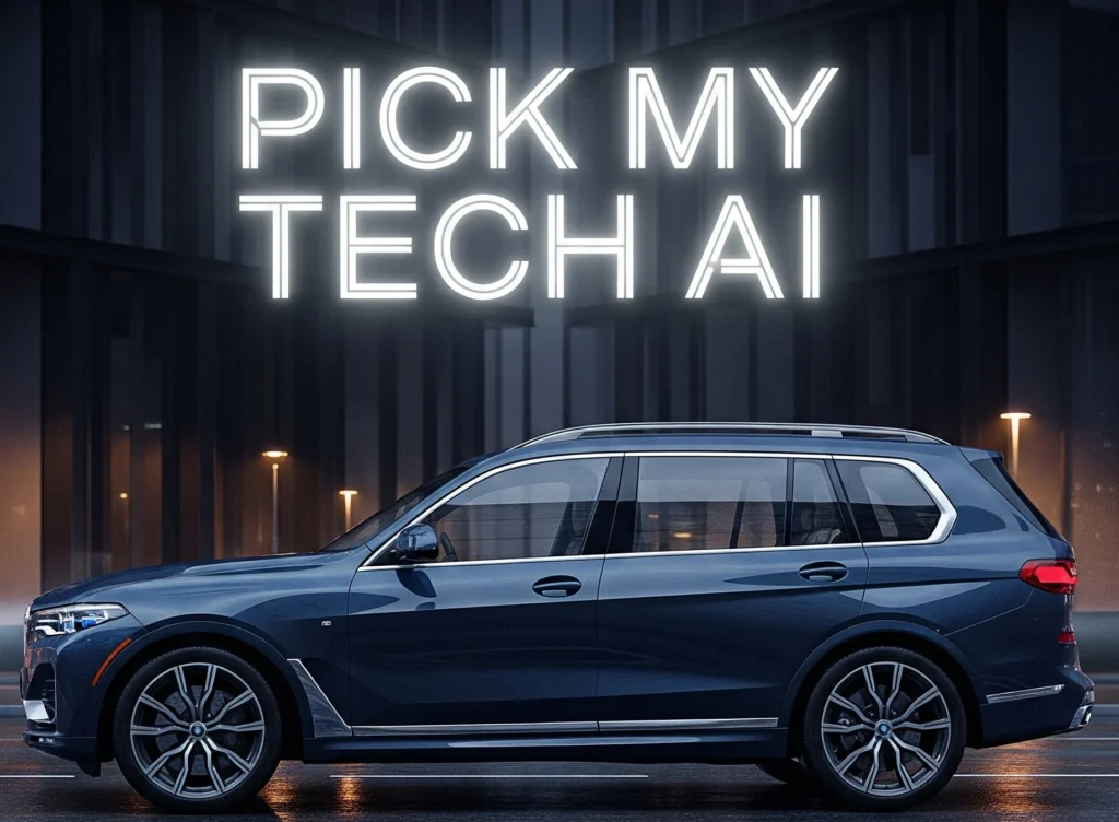 AI generated BMW X7 in front of a modern glass building – Pick My Tech AI