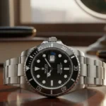 A close-up of a silver Rolex Submariner watch with a black face and bezel, resting on a polished wooden desk, with a pen, book, and a globe blurred in the background.