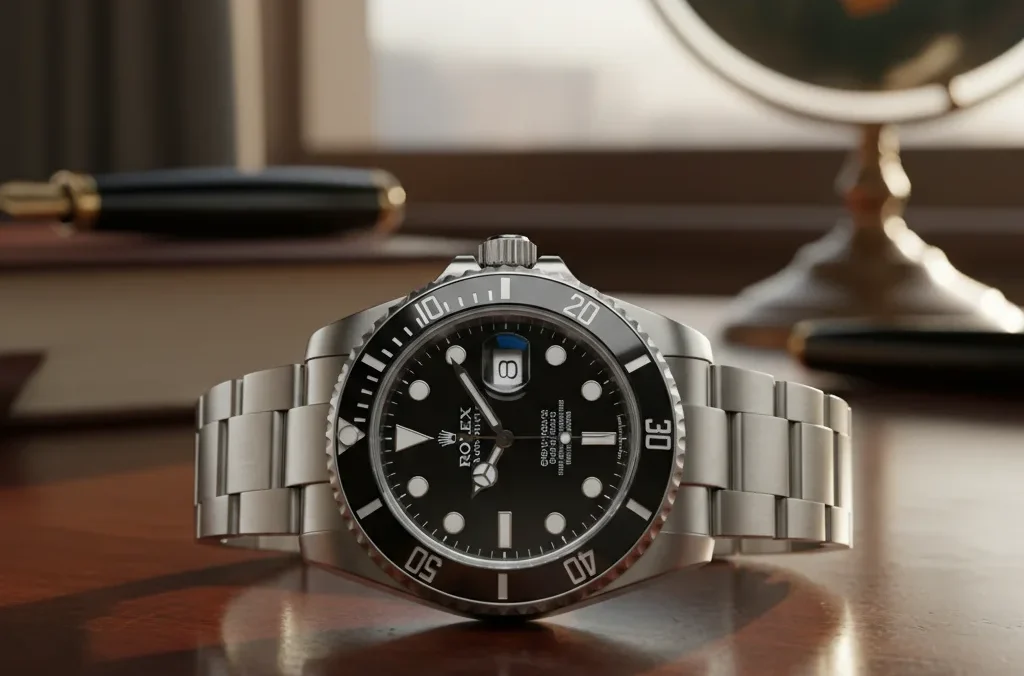 Rolex Watch Starting Price in 2025: A Simple Guide A close-up of a silver Rolex Submariner watch with a black face and bezel, resting on a polished wooden desk, with a pen, book, and a globe blurred in the background.