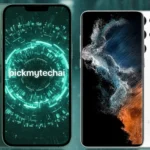 Side-by-side comparison of a green iPhone 13 Pro Max with a tech-themed screen and a white Samsung Galaxy S22 Ultra with a vibrant abstract screen, illustrating a smartphone longevity debate