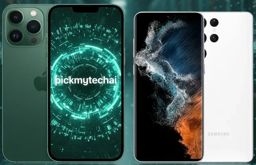 iPhone 13 Pro Max vs Samsung Galaxy S22 Ultra: Which One Still Makes Sense in 2025? Side-by-side comparison of a green iPhone 13 Pro Max with a tech-themed screen and a white Samsung Galaxy S22 Ultra with a vibrant abstract screen, illustrating a smartphone longevity debate