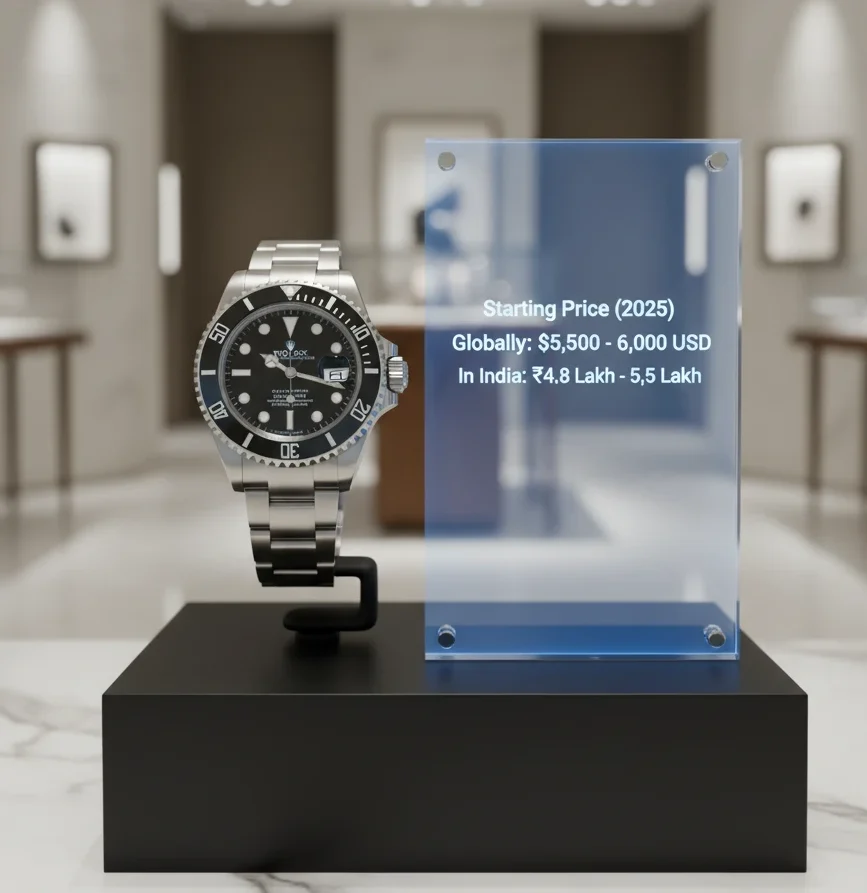 A silver Rolex Submariner watch with a black face and bezel displayed on a black stand in a luxury boutique setting. Next to it, a translucent digital display shows "Starting Price (2025)" with global and Indian pricing in USD and Lakhs.