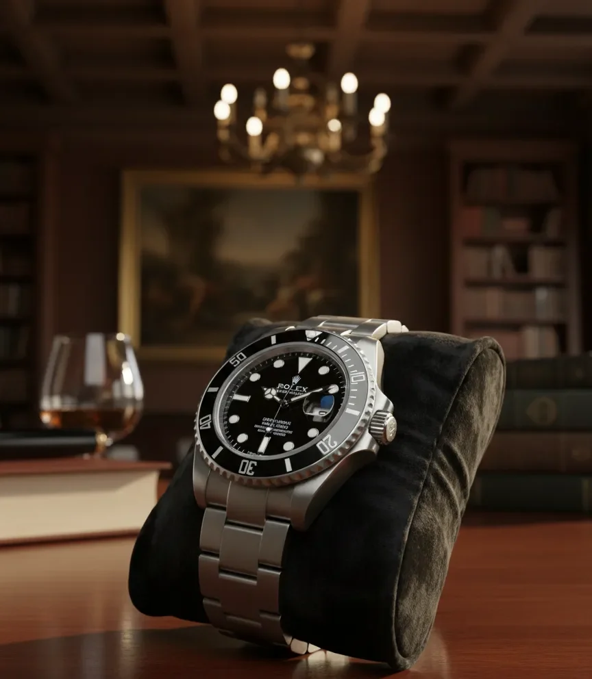 A silver Rolex Submariner watch with a black face and bezel, displayed on a black velvet cushion on a wooden desk. In the blurred background, a room with bookshelves, a painting, a chandelier, and a glass of amber liquid contribute to a luxurious atmosphere.