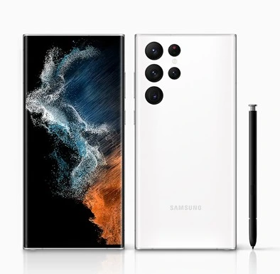 "White Samsung Galaxy S22 Ultra (front, back, and S Pen)."