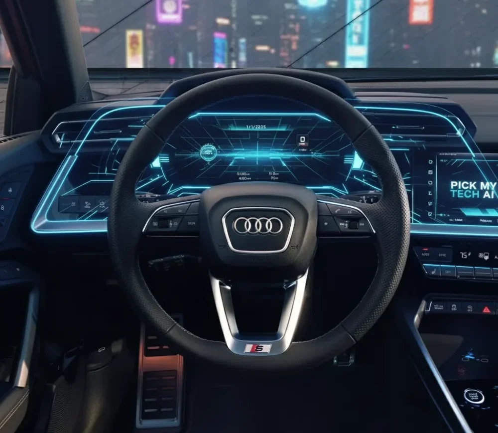 Futuristic Audi A3 digital cockpit with advanced AI dashboard – AI generated