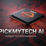 Ryzen processor chip on motherboard with PickMyTech AI branding.