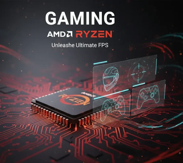 AI-generated image of AMD Ryzen processor for gaming with futuristic FPS graphics.