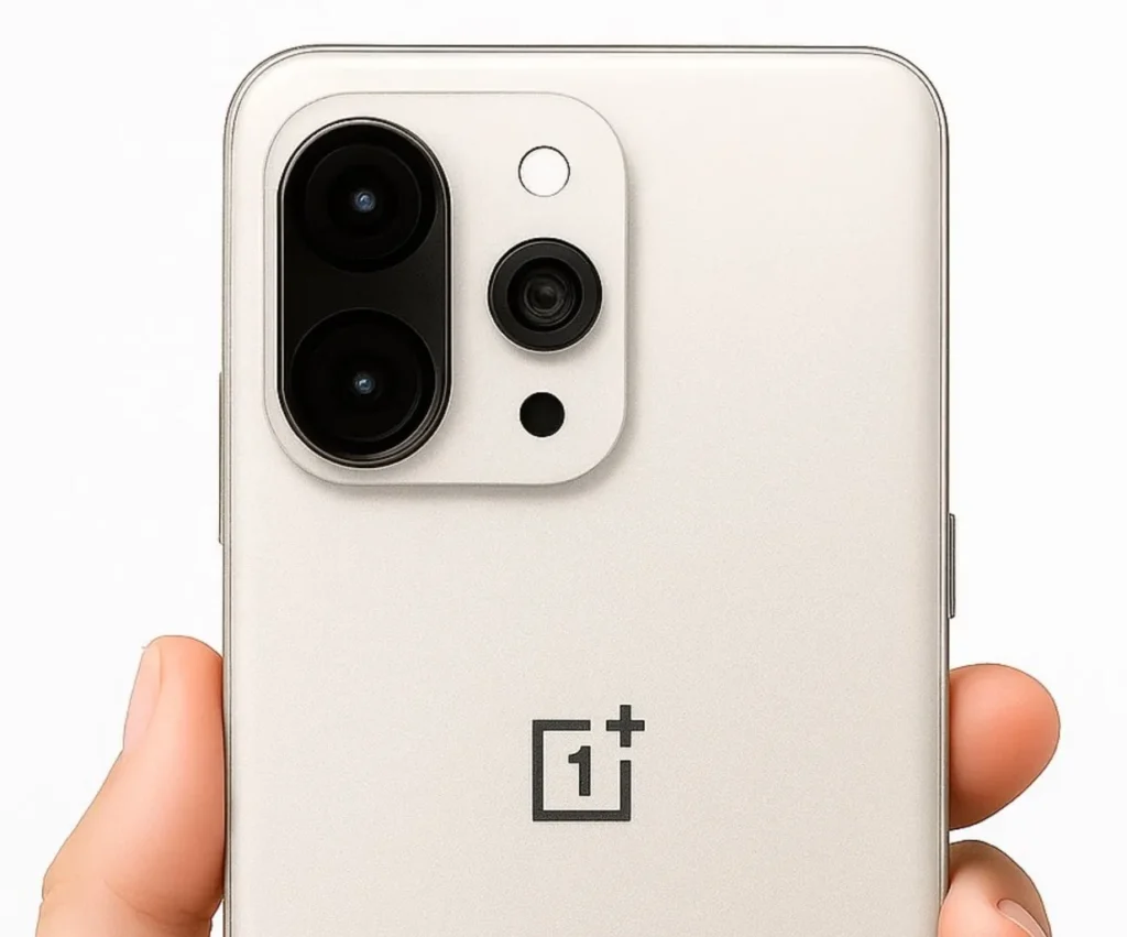 A hand holding a light-colored (possibly white or silver) OnePlus smartphone, showcasing the prominent black camera module with multiple lenses and the OnePlus logo on the back.