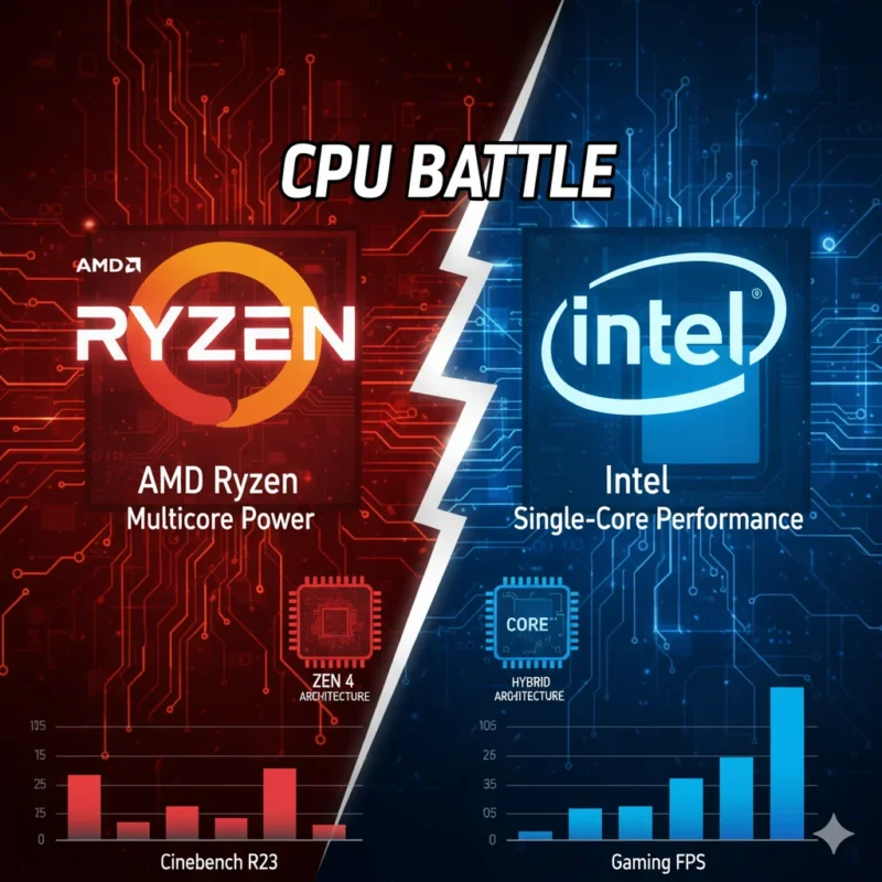 AI-generated comparison of Intel vs AMD Ryzen processors with futuristic chip design.