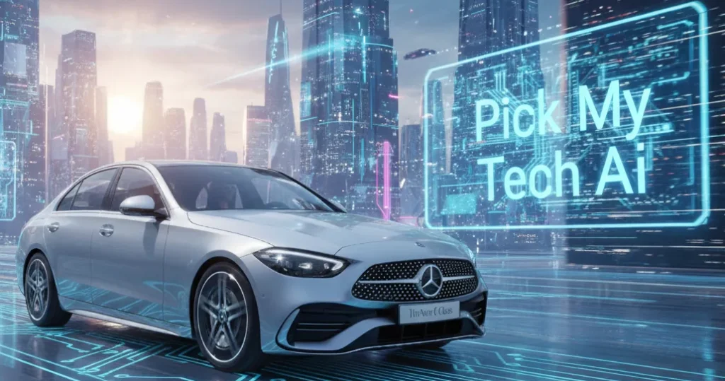 Mercedes-Benz C-Class 2025 luxury car futuristic AI city background