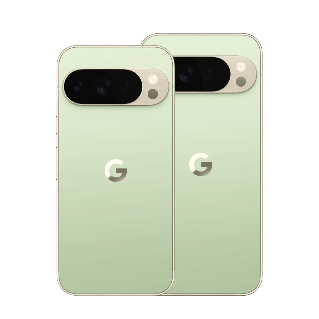 Google Pixel 10 Pro XL green color variant showing dual rear phones with signature camera bar