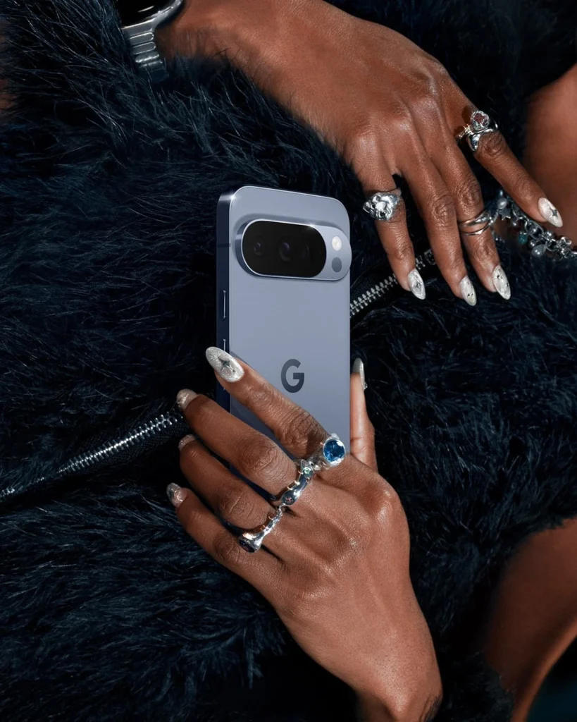 Google Pixel 10 Pro XL in blue showcased with stylish rings and premium design finish