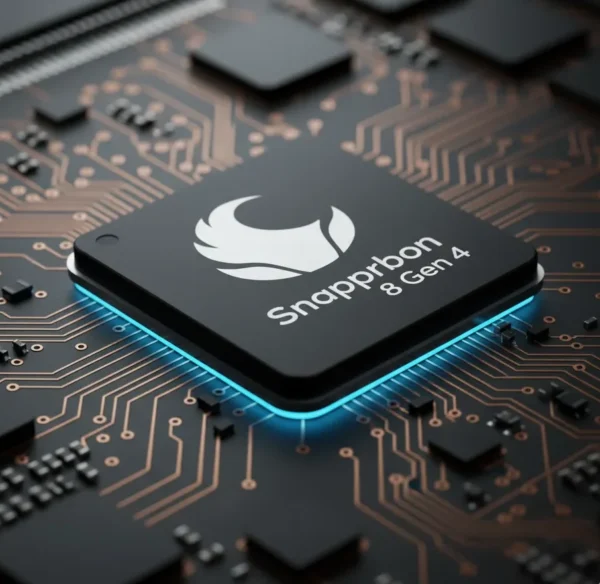 Snapdragon 8 Gen 4 processor close-up on circuit board – AI-generated image of next-gen mobile chipset.