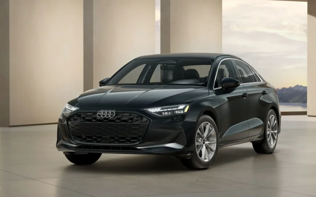 Audi A3 2025 model sleek black sedan front view – official image
