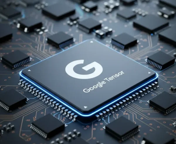 Google Tensor Flow AI chipset on motherboard – AI-generated image highlighting advanced AI performance.