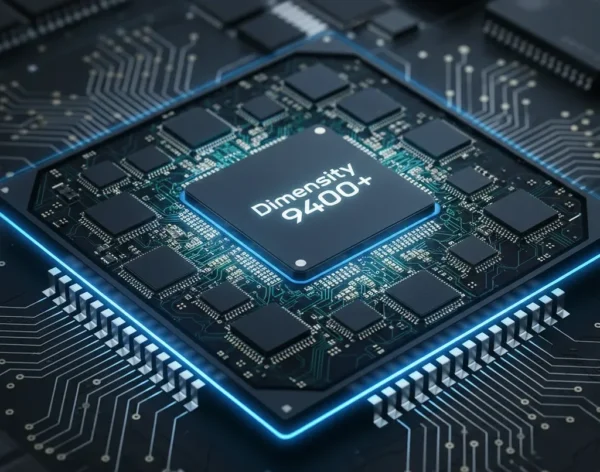 MediaTek Dimensity 9400+ processor on motherboard – AI-generated image showing next-gen mobile chipset.