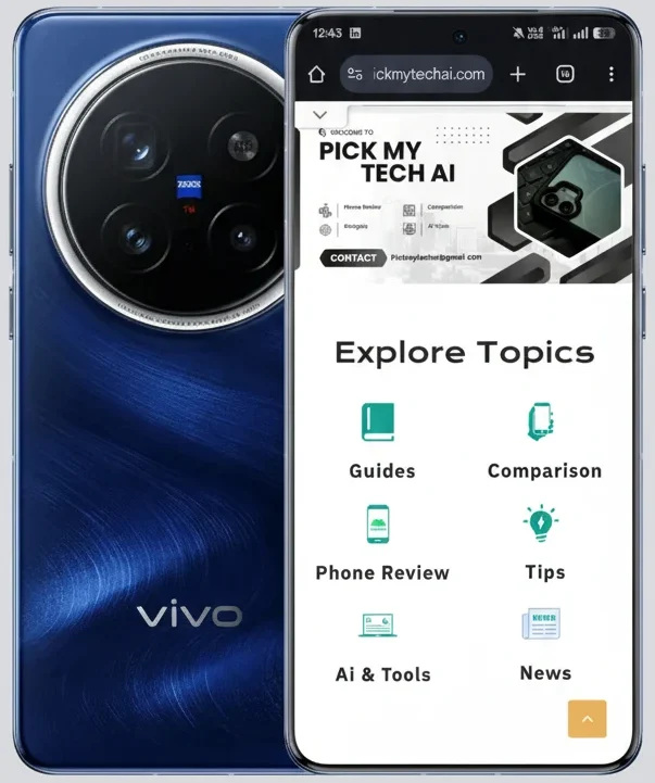 Vivo X300 Pro 5G smartphone showcasing PickMyTechAI website on display